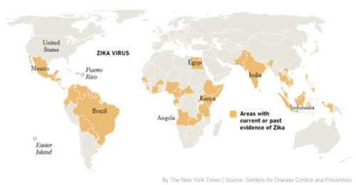 Các khu vực hiện tại hoặc trong quá khứ có bằng chứng của Zika. Nguồn: CDC